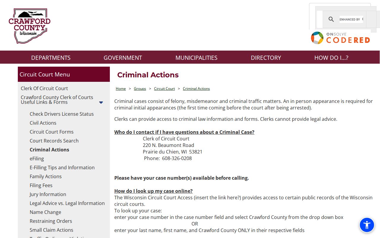 Crawford County booking record criminal actions source