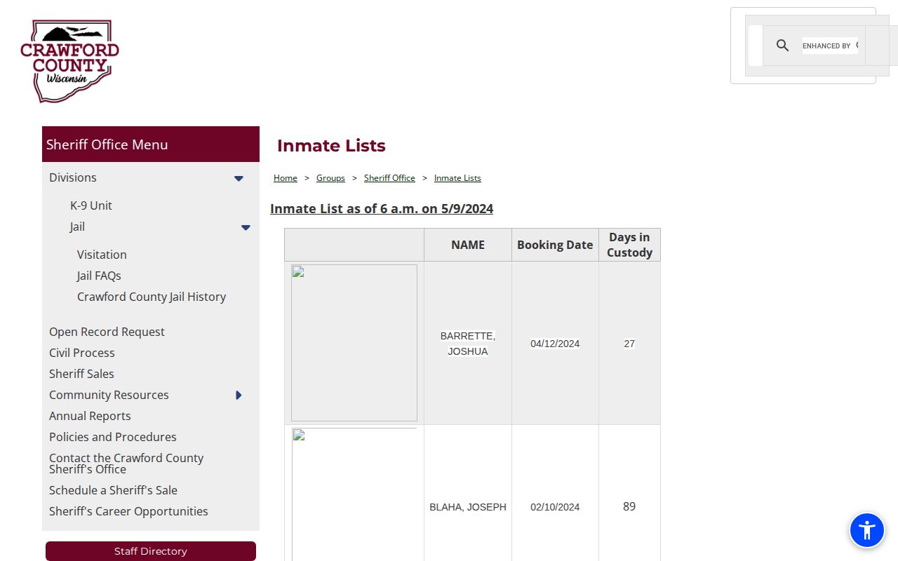 Crawford County jail roster booking record snapshot