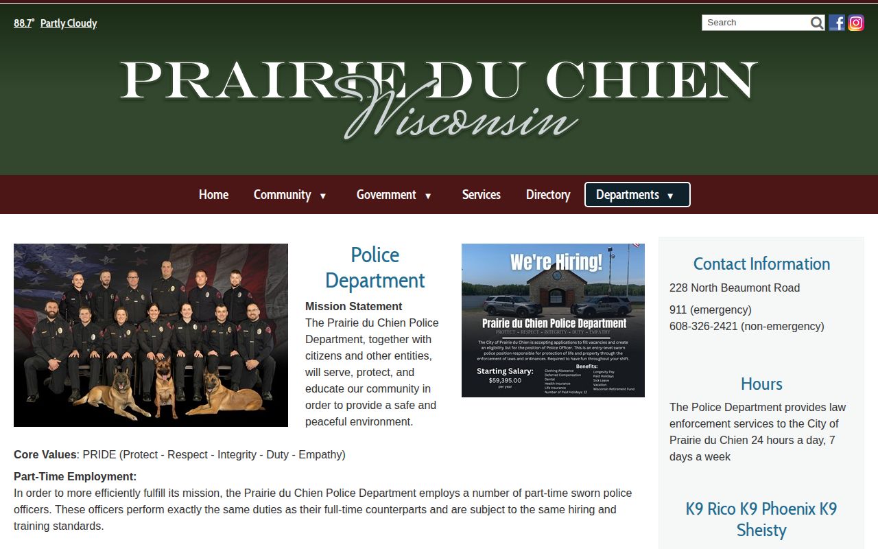 Prairie du Chien Police Department record source for Crawford County booking questions